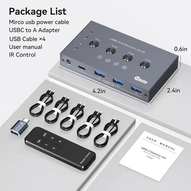 Alt view image 7 of 7 - 10Gbps USB 3.2 Switch 4 Computers Share 4 Peripherals 4 Port USB Switcher for Mouse Keyboard Printer with Remote and Cables