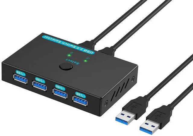 Main image of USB 3.0 Switch USB Switcher 2 Computers Sharing 4 USB Devices USB Metal KVM Switch for Printer, Keyboard switches, Scanner PCs with One-Button Swapping and 2 Pack USB Cables