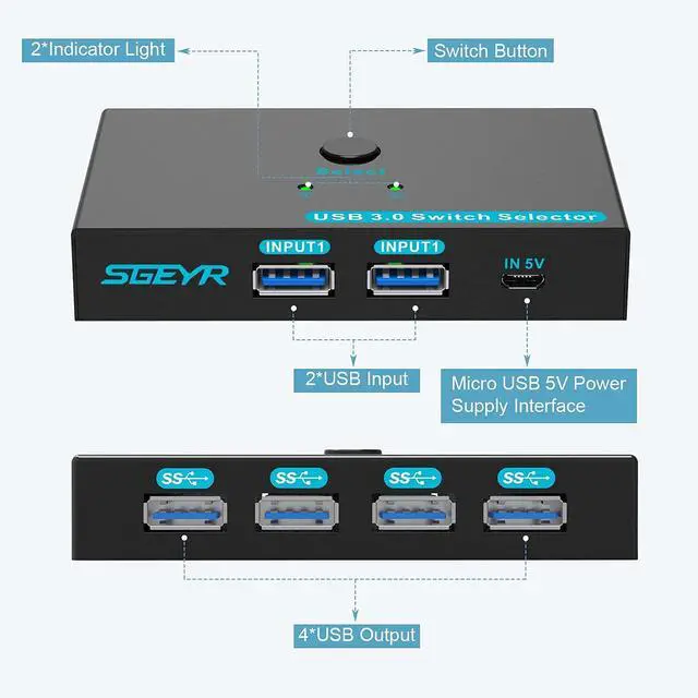 Alt view image 6 of 7 - USB 3.0 Switch USB Switcher 2 Computers Sharing 4 USB Devices USB Metal KVM Switch for Printer, Keyboard switches, Scanner PCs with One-Button Swapping and 2 Pack USB Cables