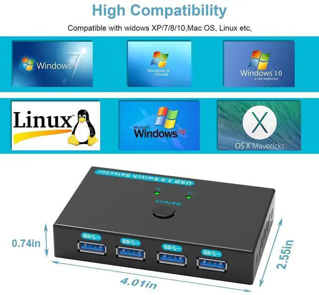 Alt view image 5 of 7 - USB 3.0 Switch USB Switcher 2 Computers Sharing 4 USB Devices USB Metal KVM Switch for Printer, Keyboard switches, Scanner PCs with One-Button Swapping and 2 Pack USB Cables