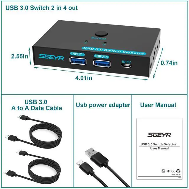Alt view image 7 of 7 - USB 3.0 Switch USB Switcher 2 Computers Sharing 4 USB Devices USB Metal KVM Switch for Printer, Keyboard switches, Scanner PCs with One-Button Swapping and 2 Pack USB Cables