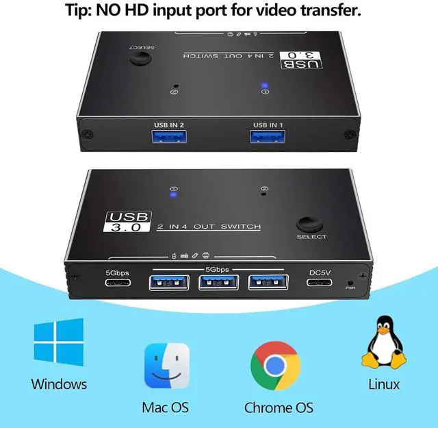 Alt view image 6 of 7 - USB Switcher 2 Computers Sharing - 5Gbps USB 3.0 Switch Share 4 Port Devices, Plug and Play, Aluminum USB3.0 Switch Selector 2 PCs Share Keyboard Mouse Printer Scanner with One Button