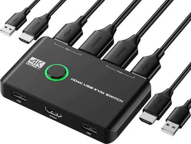 Main image of 4K KVM Switch HDMI 2 Port Box, USB HDMI KVM Switches for 2 Computers Share Keyboard Mouse Printer and one HD Monitor, Support UHD 4K@60Hz, with 2 USB Cables and 2 HDMI Cables