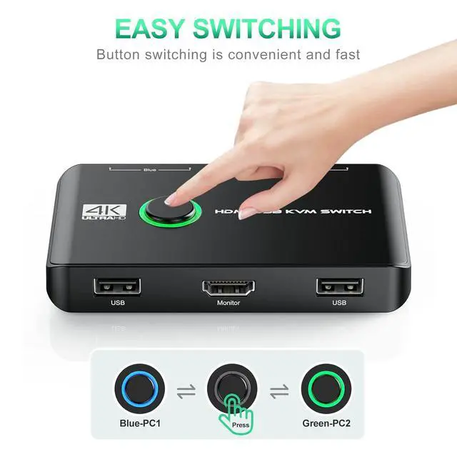 Alt view image 5 of 7 - 4K KVM Switch HDMI 2 Port Box, USB HDMI KVM Switches for 2 Computers Share Keyboard Mouse Printer and one HD Monitor, Support UHD 4K@60Hz, with 2 USB Cables and 2 HDMI Cables