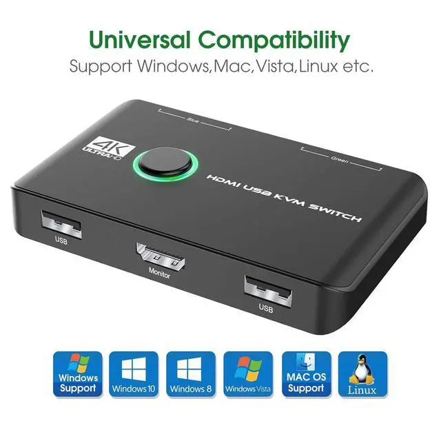Alt view image 7 of 7 - 4K KVM Switch HDMI 2 Port Box, USB HDMI KVM Switches for 2 Computers Share Keyboard Mouse Printer and one HD Monitor, Support UHD 4K@60Hz, with 2 USB Cables and 2 HDMI Cables