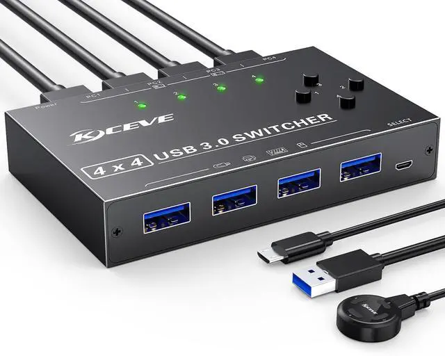 Main image of USB 3.0 Switch 4 Computers,4 Port USB Switch Selector Sharing Keyboard Mouse Printer,USB Switcher Compatible with Mac/Windows/Linux,Wired Remote and 4 USB 3.0 Cable Included