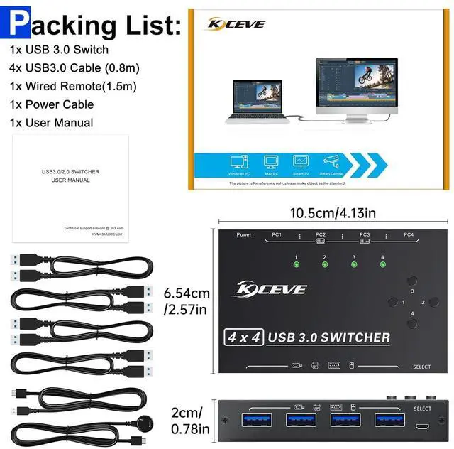Alt view image 7 of 7 - USB 3.0 Switch 4 Computers,4 Port USB Switch Selector Sharing Keyboard Mouse Printer,USB Switcher Compatible with Mac/Windows/Linux,Wired Remote and 4 USB 3.0 Cable Included