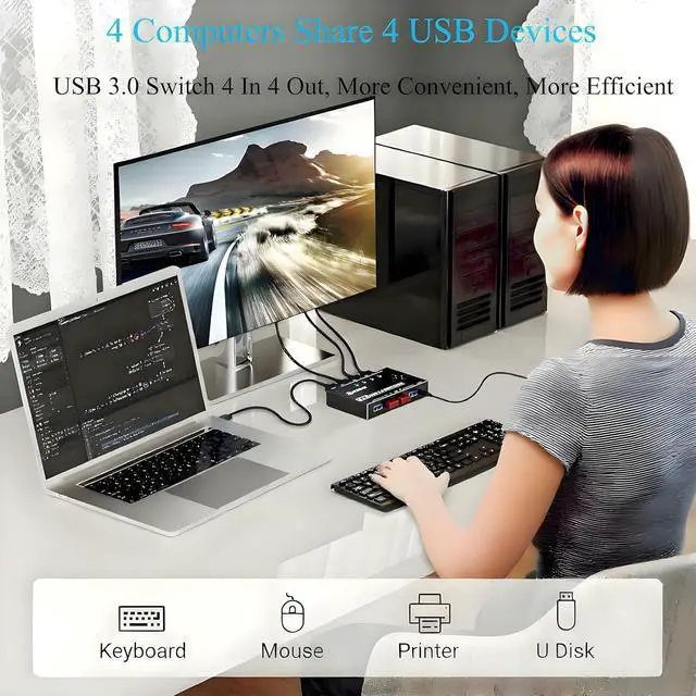 Alt view image 2 of 7 - USB 3.0 Switch Selector 4 Computers, 4 Port USB KVM Switch for 4 PC Share 4 USB Devices for Keyboard Mouse Printer, Wired Remote and 4 USB 3.0 Cables Included
