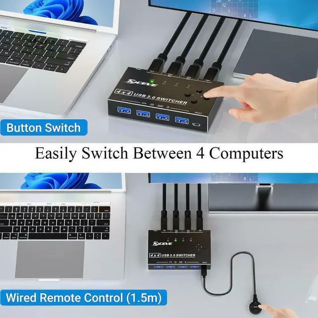 Alt view image 6 of 7 - USB 3.0 Switch Selector 4 Computers, 4 Port USB KVM Switch for 4 PC Share 4 USB Devices for Keyboard Mouse Printer, Wired Remote and 4 USB 3.0 Cables Included
