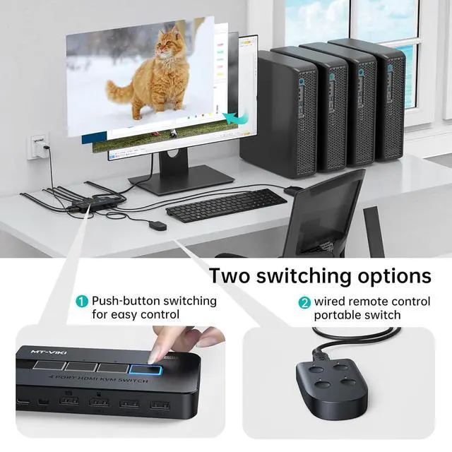 Alt view image 4 of 6 - KVM Switch HDMI 4 Port Boxes, 4K@30Hz USB HDMI KVM Console for 4 PCs Share 1 HD Monitor and Keyboard Mouse, Button + Desktop Selector Switching
