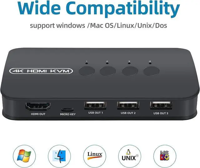 Alt view image 6 of 6 - 4K HDMI KVM Switch, 4 Port HDMI USB Switch for 4 Computer Share a 4K@30Hz Monitor and 3 USB Device Keyboard Mouse Printer, Including 4 KVM Cables