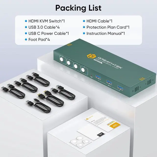 Alt view image 7 of 7 - USB3.0 KVM Switch HDMI 4K@60Hz for 4 Computers Share 1 Monitor, KVM Switch 4 Port with 3 USB 3.0 Ports Share Keyboard Mouse, Support Button Switch, Plug and Play