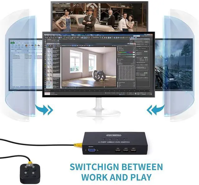 Alt view image 4 of 6 - VGA KVM Switch 4 Port, USB VGA KVM Switcher for 4 Computers Share 1 Monitor 3 USB Devices Keyboard Mouse Scanner Printer, Including 4 KVM Cables & Desktop Control