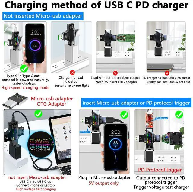 Alt view image 6 of 7 - USB C Tester,2 in 1 Tester Color Screen IPS Digital Multimeter(2024),Voltage,Cur,Pwr,Resistance,Elec,Temp,Capacity,Tme,Fast Charging,with USB Clip Cable Support PD2.0/PD3.0,QC2.0/QC3.0,BC1.2