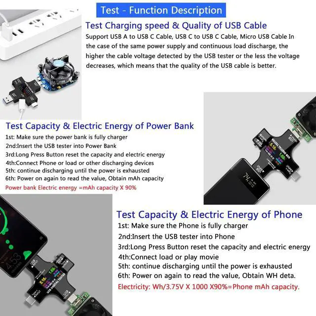 Alt view image 4 of 7 - USB C Tester,2 in 1 Tester Color Screen IPS Digital Multimeter(2024),Voltage,Cur,Pwr,Resistance,Elec,Temp,Capacity,Tme,Fast Charging,with USB Clip Cable Support PD2.0/PD3.0,QC2.0/QC3.0,BC1.2