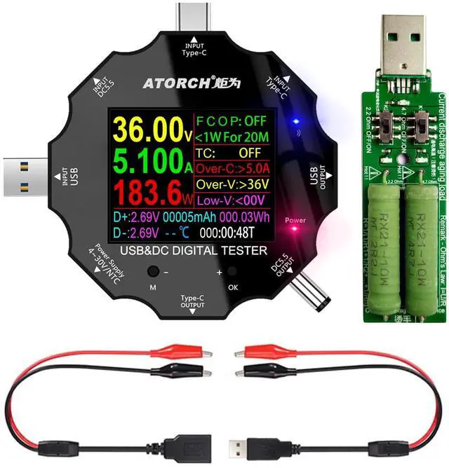 Main image of USB C Tester, 3 in 1 Type C DC5.5 USB Meter USB Load Color Screen IPS Digital Multimeter,Voltage,Current,Power,Resistance,Capacity Detector,with Clip Cable Support PD2.0/PD3.0,QC2.0/QC3.0