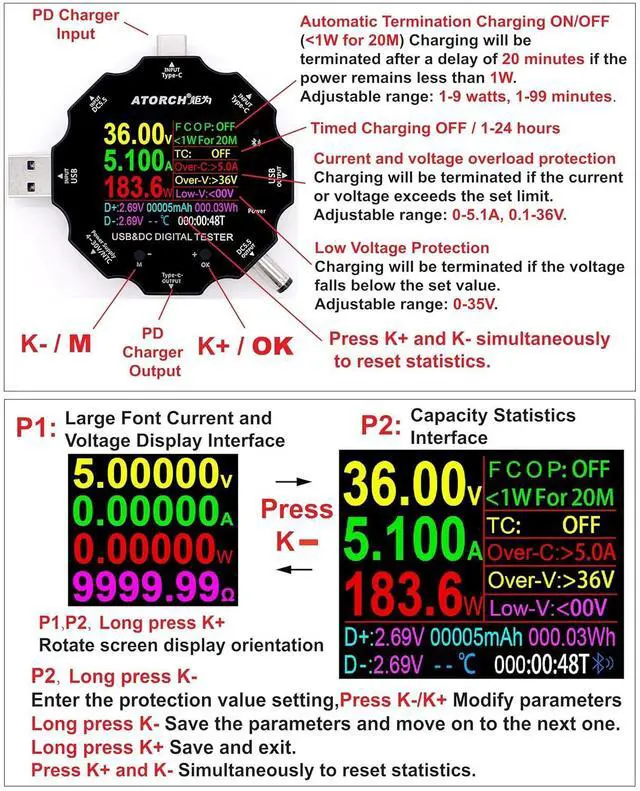 Alt view image 2 of 6 - USB C Tester, 3 in 1 Type C DC5.5 USB Meter USB Load Color Screen IPS Digital Multimeter,Voltage,Current,Power,Resistance,Capacity Detector,with Clip Cable Support PD2.0/PD3.0,QC2.0/QC3.0