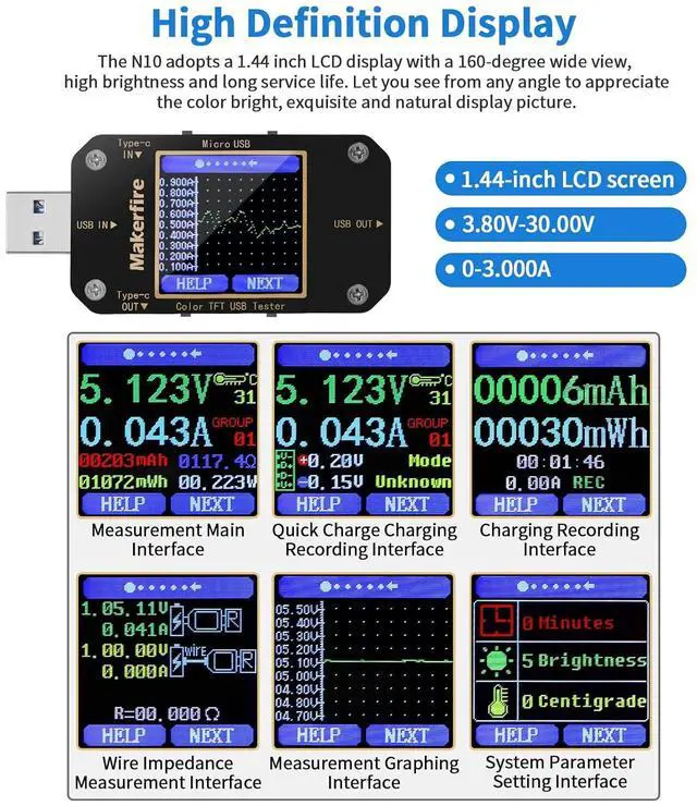 Alt view image 3 of 7 - USB Multimeter USB Voltmeter Ammeter Load Tester USB Voltage Current PD Battery Power Capacity Charger Type C Meter Tester LCD Display Cable Resistance QC2.0/3.0/4.0 N10 1.44 Inch Screen