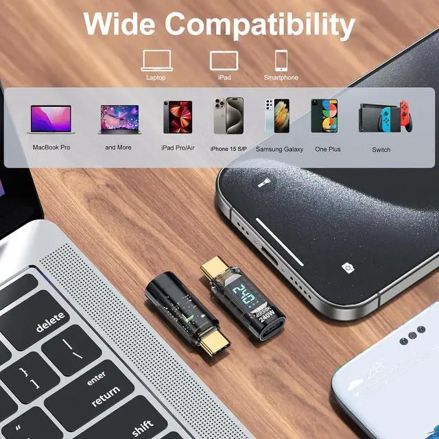 Alt view image 6 of 7 - 240W USB C Adapter Power Meter Tester (2 Pack) - Wattage, Voltage, Amperage LED Digital Display, Type C Male to Female Extension Connector for iPhone 15/16, MacBook, iPad & More USB-C Cables/Devices