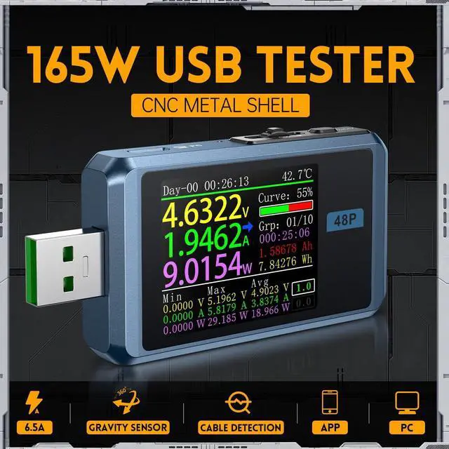 Alt view image 3 of 7 - USB Tester 4-24V 6.5A LCD USB A&C Voltage Current Power Display Multimeter with App Software, Fast Charge Detection Trigger, PD2.0/PD3.0,QC2.0/QC3.0, CNC Metal Shell