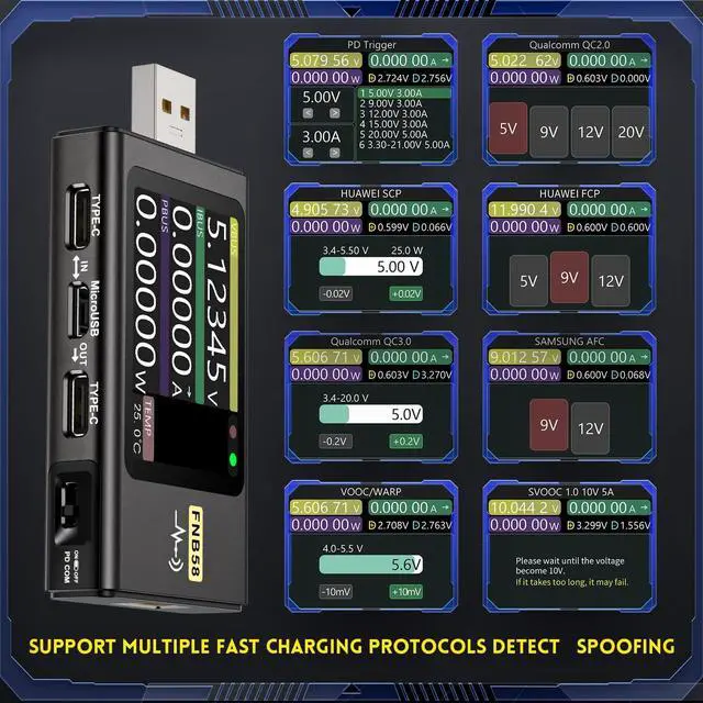 Alt view image 6 of 7 - USB C Tester,KJ-KayJI 2 in 1 Tester Color Screen IPS Digital Multimeter(2024),Voltage,Cur,Pwr,Resistance,Elec,Temp,Capacity,Tme,Fast Charging,with USB Clip Cable Support PD2.0/PD3.0,QC2.0/QC3.0,BC1.2