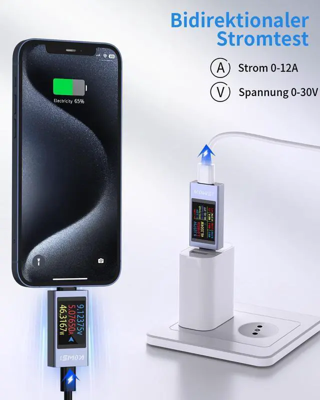 Alt view image 5 of 7 - USB C Tester Power Meter, 4-30V 0-12A Type-C PD Tester Digital Multimeter, Voltage and Current Tester Meter Voltmeter, Power Bank Capacity USB Cable Charger Detector (KWS-2303C)