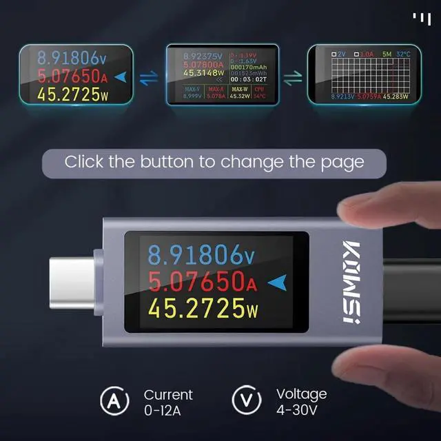 Alt view image 2 of 7 - USB C Tester Power Meter DC 4-30V 0-12A Type-C PD QC 2.0 3.0 Current Voltage Capacity Phone Tester Power Detector Battery Test Working Time Ammeter Voltmeter Charger Detector