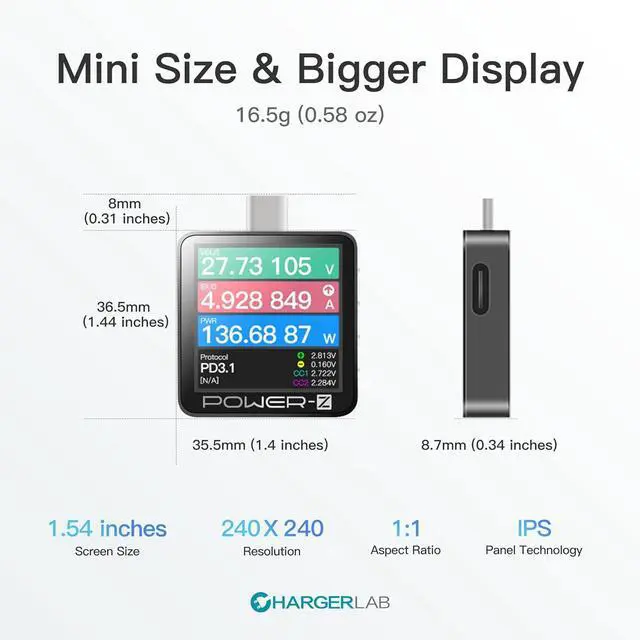 Alt view image 3 of 7 - Power-Z KM003C Portable USB-C Fast Charging Tester PD3.1 QC5.0 Digital Voltmeter & Ammeter Power Bank Tester