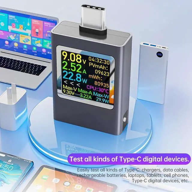 Alt view image 4 of 7 - USB C Power Meter,Digital Multimeter,USB C Tester Power Meter,Type C Voltage and Current Tester Meter,Working Time Ammeter Voltmeter USB Cable Charger Detector Color LED Display