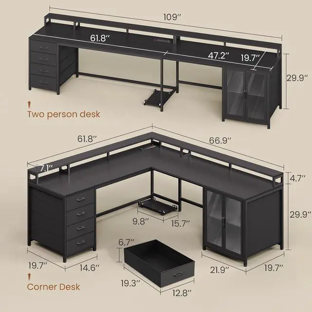 Alt view image 2 of 7 - 109 L Shaped Gaming Desk with 4 Drawers, Computer Desk with Display Cabinet, Home Office Desks with 2 Monitor Stands, CPU Stand, LED Lights and Power Outlet, Black