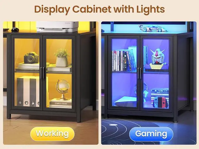 Alt view image 4 of 7 - 109 L Shaped Gaming Desk with 4 Drawers, Computer Desk with Display Cabinet, Home Office Desks with 2 Monitor Stands, CPU Stand, LED Lights and Power Outlet, Black