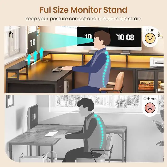 Alt view image 5 of 7 - 109 L Shaped Gaming Desk with 4 Drawers, Computer Desk with Display Cabinet, Home Office Desks with 2 Monitor Stands, CPU Stand, LED Lights and Power Outlet, Black