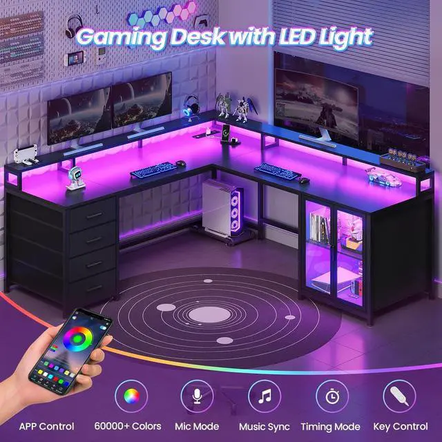 Alt view image 7 of 7 - 109 L Shaped Gaming Desk with 4 Drawers, Computer Desk with Display Cabinet, Home Office Desks with 2 Monitor Stands, CPU Stand, LED Lights and Power Outlet, Black