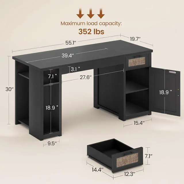 Alt view image 2 of 7 - 55.1" Rattan Computer Desk with Drawers, Office Desk with Drawers & Storage Cabinet, Farmhouse Home Office Desk with Storage, Wood Writing Desk with Power Outlets for Home Office, Black