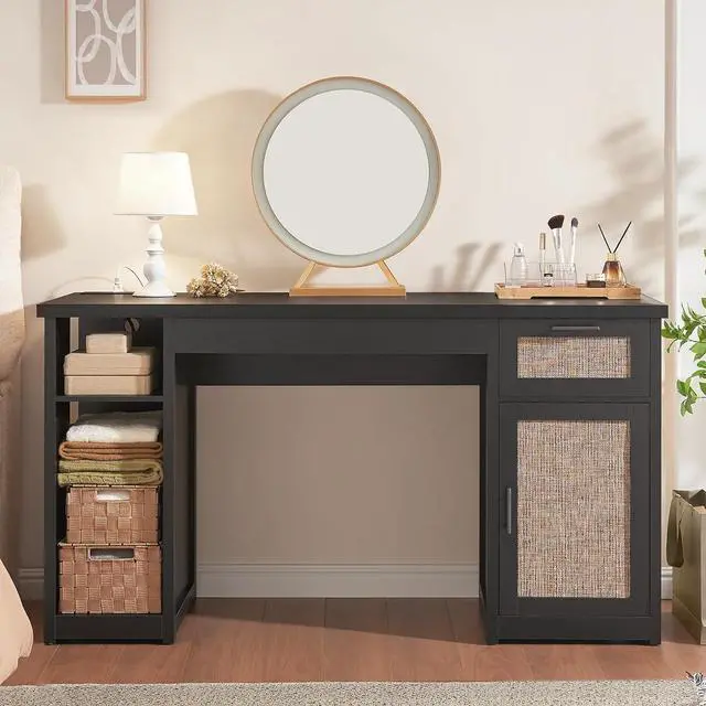 Alt view image 7 of 7 - 55.1" Rattan Computer Desk with Drawers, Office Desk with Drawers & Storage Cabinet, Farmhouse Home Office Desk with Storage, Wood Writing Desk with Power Outlets for Home Office, Black