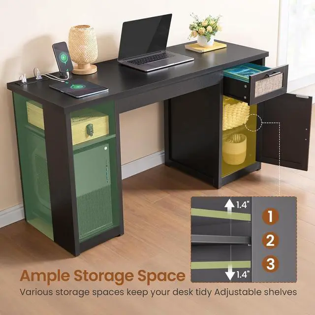 Alt view image 3 of 7 - 55.1" Rattan Computer Desk with Drawers, Office Desk with Drawers & Storage Cabinet, Farmhouse Home Office Desk with Storage, Wood Writing Desk with Power Outlets for Home Office, Black