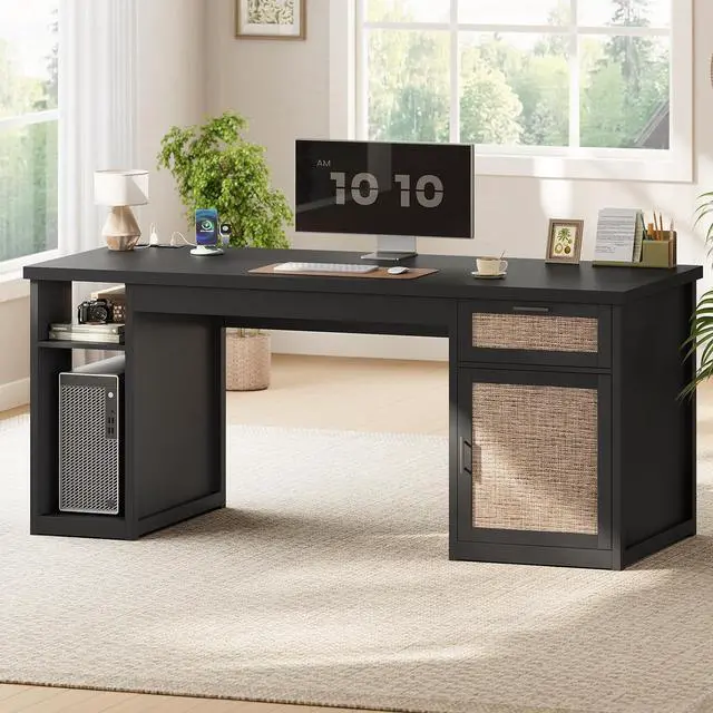 Main image of 55.1" Rattan Computer Desk with Drawers, Office Desk with Drawers & Storage Cabinet, Farmhouse Home Office Desk with Storage, Wood Writing Desk with Power Outlets for Home Office, Black