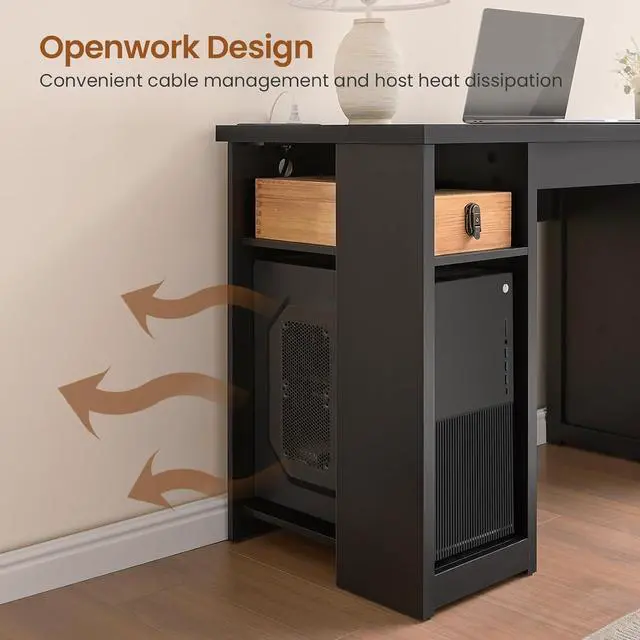 Alt view image 6 of 7 - 55.1" Rattan Computer Desk with Drawers, Office Desk with Drawers & Storage Cabinet, Farmhouse Home Office Desk with Storage, Wood Writing Desk with Power Outlets for Home Office, Black