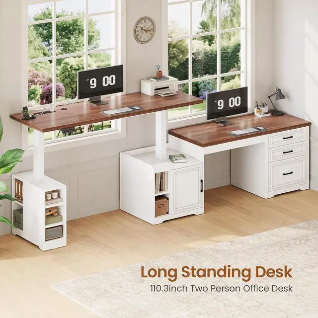 Alt view image 4 of 7 - Farmhouse L Shaped Electric Standing Desk, 63" x 67" Height Adjustable Home Office Executive Desk with Drawers and Shelves, Standing Computer Desks with Power Outlet for Home Office, White