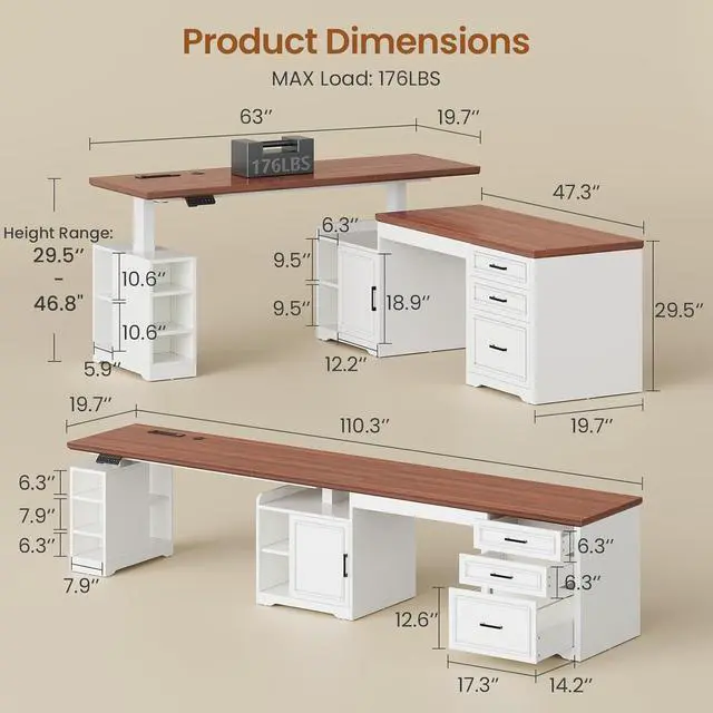 Alt view image 2 of 7 - Farmhouse L Shaped Electric Standing Desk, 63" x 67" Height Adjustable Home Office Executive Desk with Drawers and Shelves, Standing Computer Desks with Power Outlet for Home Office, White