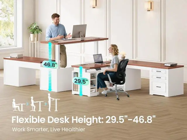 Alt view image 3 of 7 - Farmhouse L Shaped Electric Standing Desk, 63" x 67" Height Adjustable Home Office Executive Desk with Drawers and Shelves, Standing Computer Desks with Power Outlet for Home Office, White