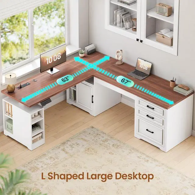 Alt view image 5 of 7 - Farmhouse L Shaped Electric Standing Desk, 63" x 67" Height Adjustable Home Office Executive Desk with Drawers and Shelves, Standing Computer Desks with Power Outlet for Home Office, White