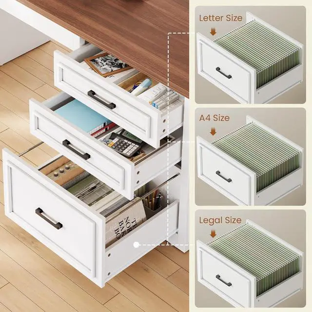 Alt view image 6 of 7 - Farmhouse L Shaped Electric Standing Desk, 63" x 67" Height Adjustable Home Office Executive Desk with Drawers and Shelves, Standing Computer Desks with Power Outlet for Home Office, White