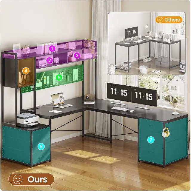 Alt view image 4 of 7 - 67" L Shaped Gaming Desk with Drawers, Reversible Computer Corner Desk with File Drawer, Hutch, Storage Shelves for Home Office, Gaming Two Person Desk with Led Lights, Power Outlet, Black