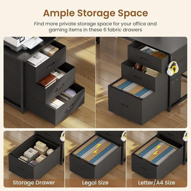 Alt view image 6 of 7 - 67" L Shaped Gaming Desk with Drawers, Reversible Computer Corner Desk with File Drawer, Hutch, Storage Shelves for Home Office, Gaming Two Person Desk with Led Lights, Power Outlet, Black