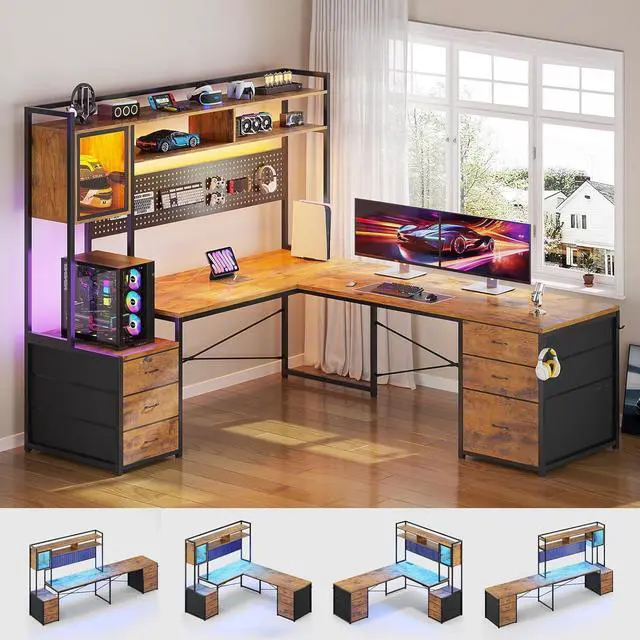 Alt view image 2 of 7 - 67" L Shaped Gaming Desk with Drawers, Reversible Computer Corner Desk with File Drawer, Hutch, Storage Shelves for Home Office, Gaming Two Person Desk with Led Lights, Power Outlet, White