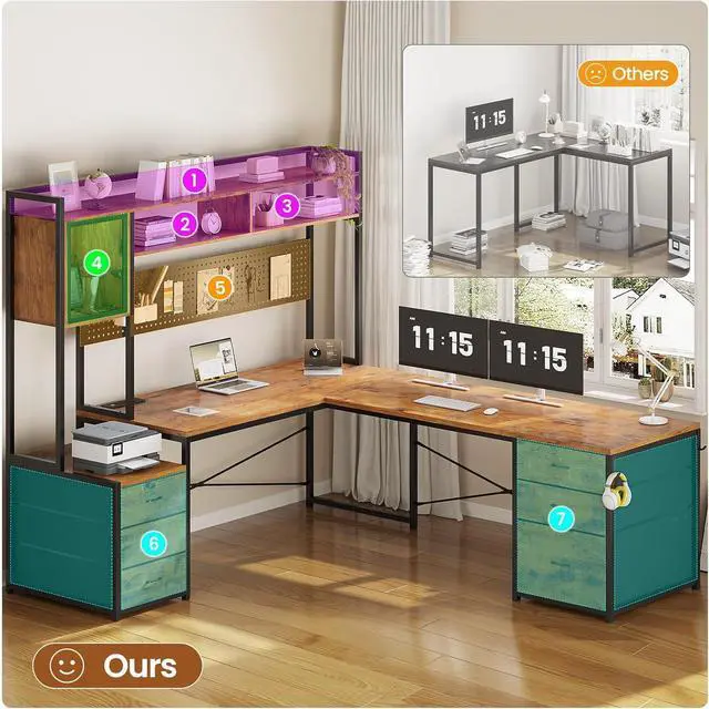 Alt view image 4 of 7 - 67" L Shaped Gaming Desk with Drawers, Reversible Computer Corner Desk with File Drawer, Hutch, Storage Shelves for Home Office, Gaming Two Person Desk with Led Lights, Power Outlet, White