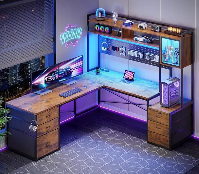 Main image of 67" L Shaped Gaming Desk with Drawers, Reversible Computer Corner Desk with File Drawer, Hutch, Storage Shelves for Home Office, Gaming Two Person Desk with Led Lights, Power Outlet, White
