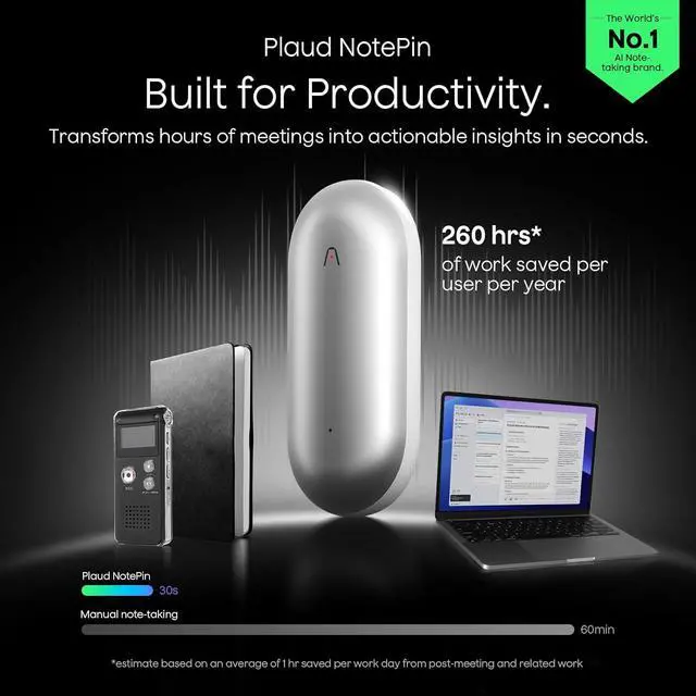 Alt view image 2 of 7 - NotePin Voice Recorder, AI Voice Recorder, App Control, AI Notetaker, AI Transcribe & Summarize, Support 112 Languages, 64GB Memory, Audio Recorder for Lectures, Meetings, Lunar Silver