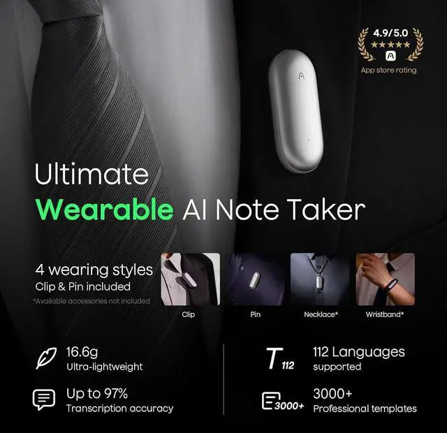 Alt view image 3 of 7 - NotePin Voice Recorder, AI Voice Recorder, App Control, AI Notetaker, AI Transcribe & Summarize, Support 112 Languages, 64GB Memory, Audio Recorder for Lectures, Meetings, Lunar Silver